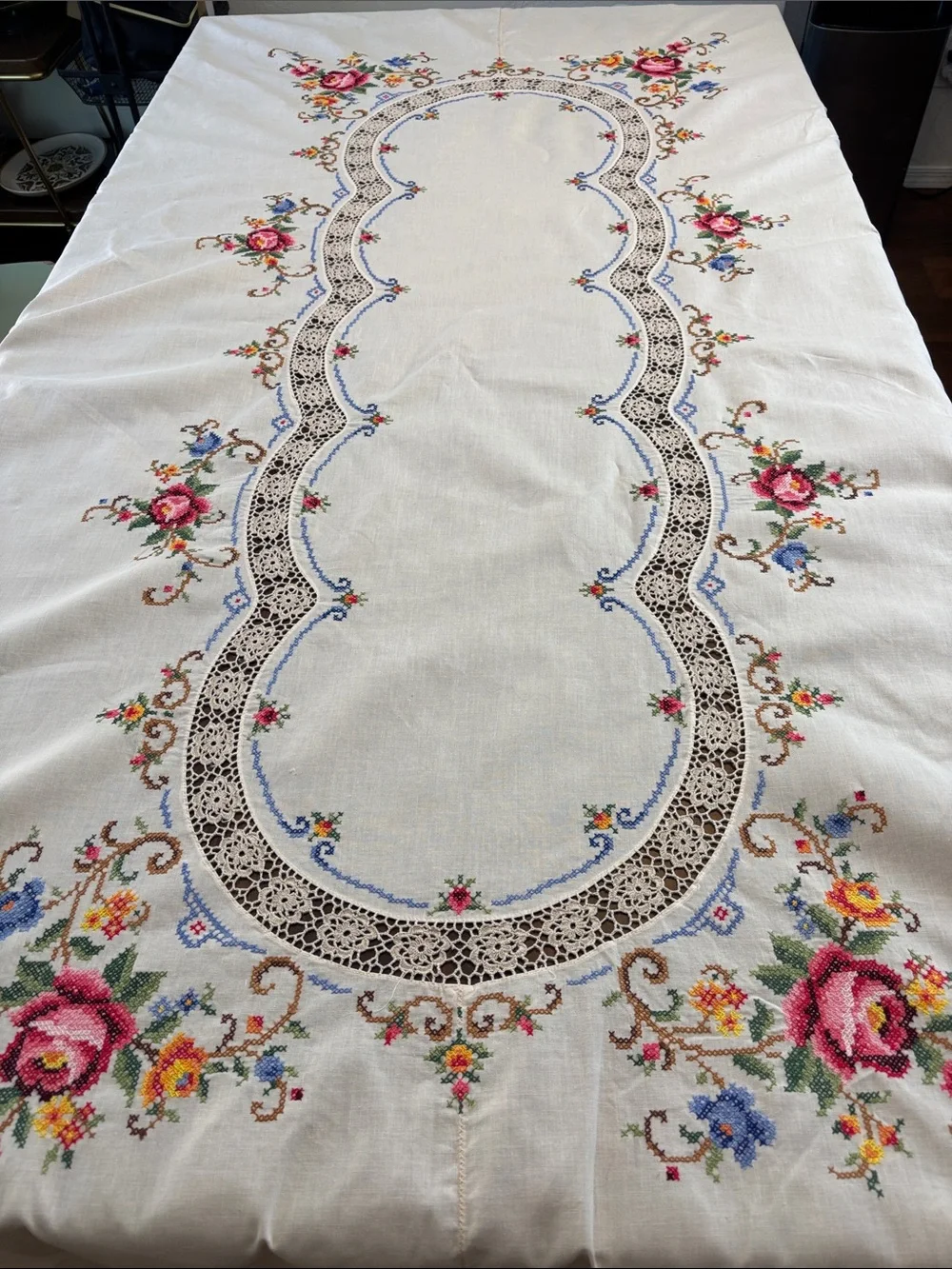 Vintage Large Embroidered & Crochet Floral Tablecloth White, Pink & Multicolor